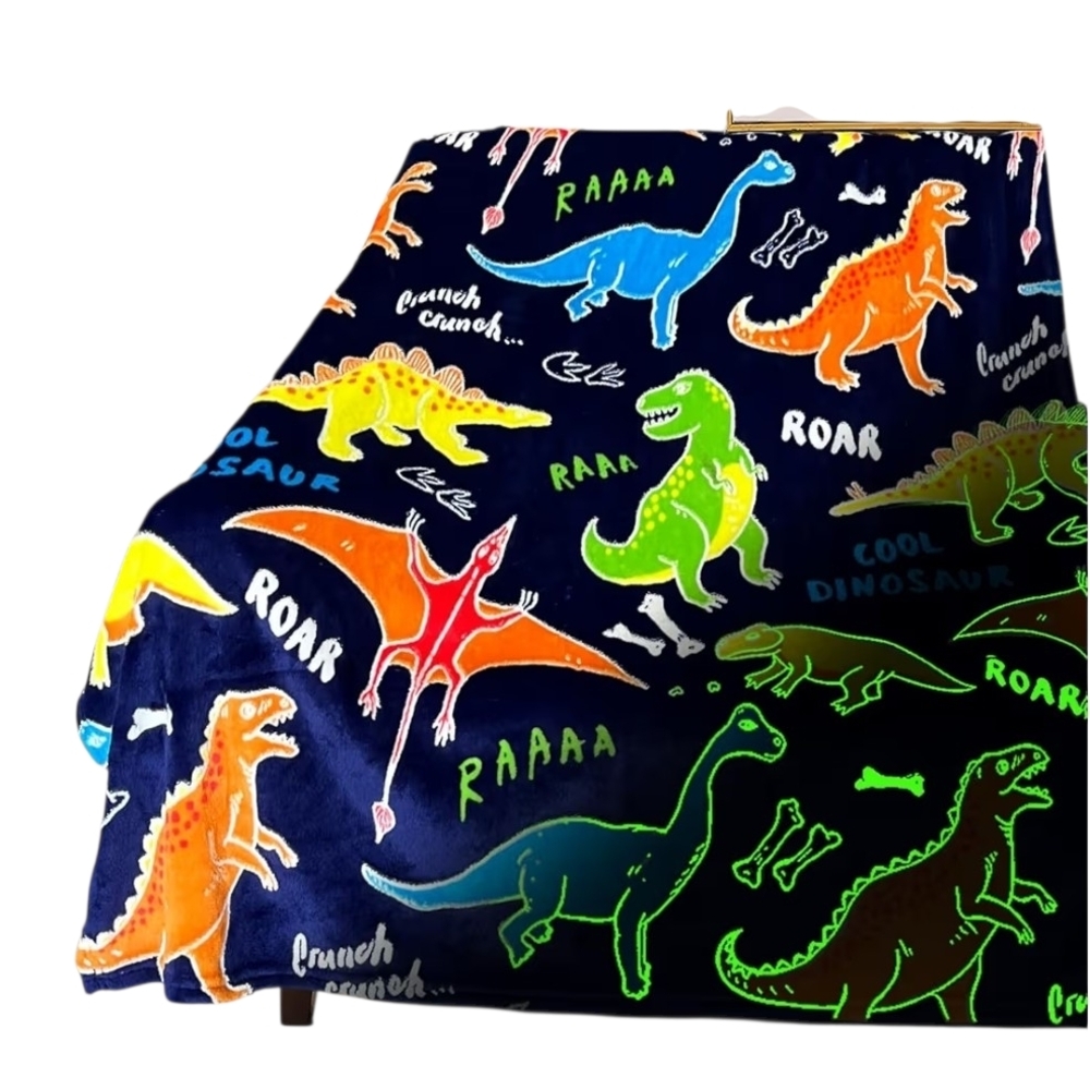 Dinosaur Glow In The Dark Kids Blanket NEW -40" X 50" -Soft Fleece -Blue -Square